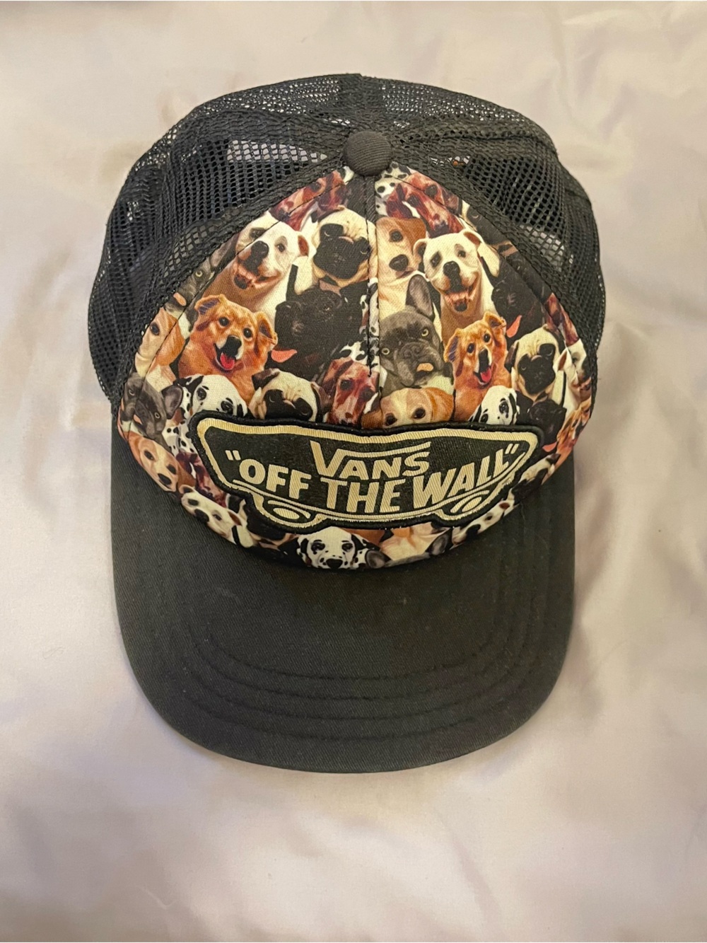 Vans Black Trucker Hat with Multicolor Dog Print